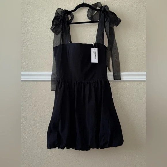 NEW Reformation Organic Cotton Enza Dress Black Shoulder Bows Size 10 - Picture 2 of 9